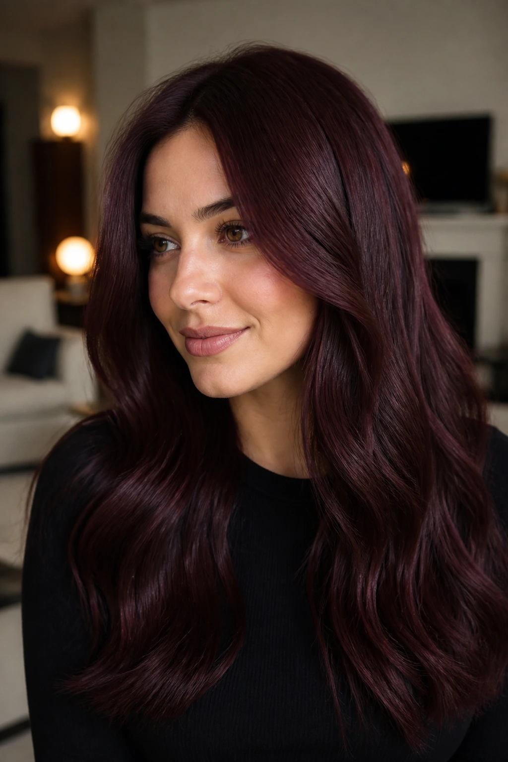 Portrait of a real woman with merlot brown hair color and wine-toned reflections.