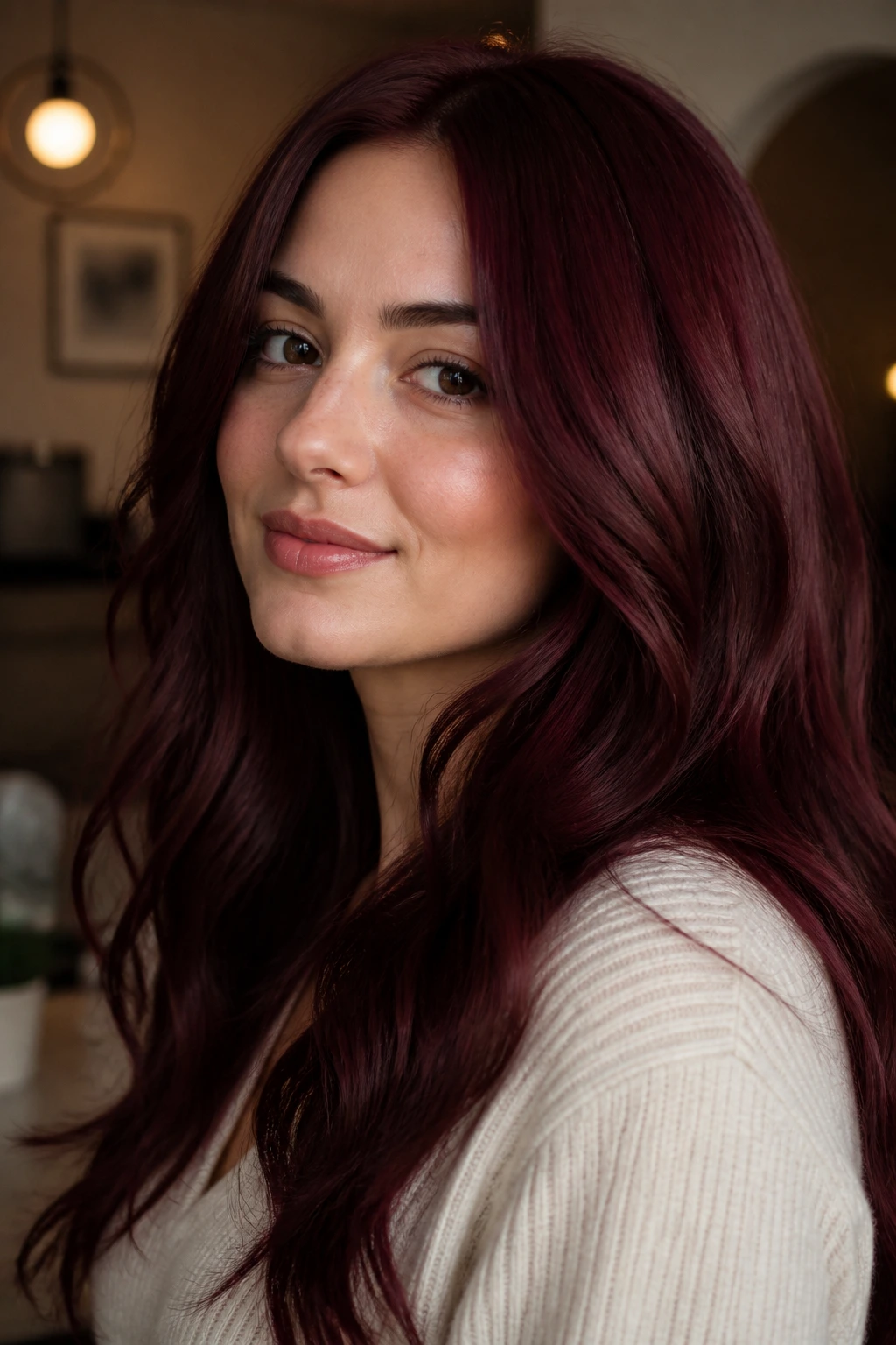 Portrait of a woman with rich merlot burgundy hair all over