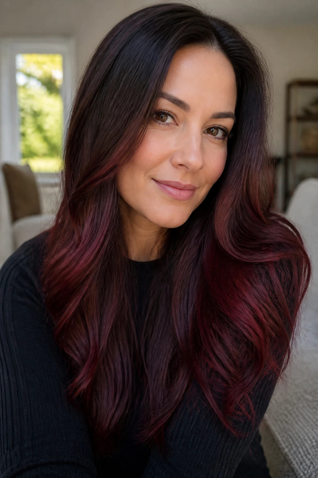 Portrait of a woman with espresso roots and merlot ends in soft spring light