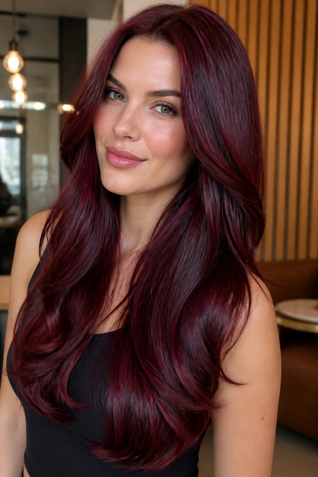 Close-up of a real woman with merlot glossed lengths hair