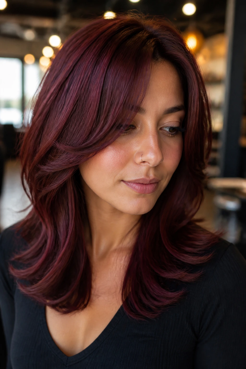 Close-up of a real person with merlot mid-length layers and glossy texture
