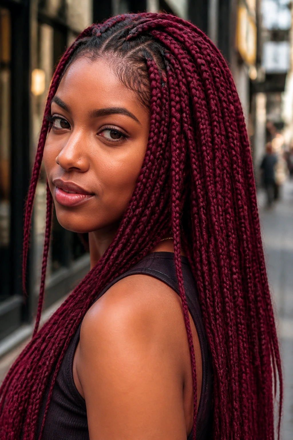 Real woman with merlot red braids in an urban daytime setting