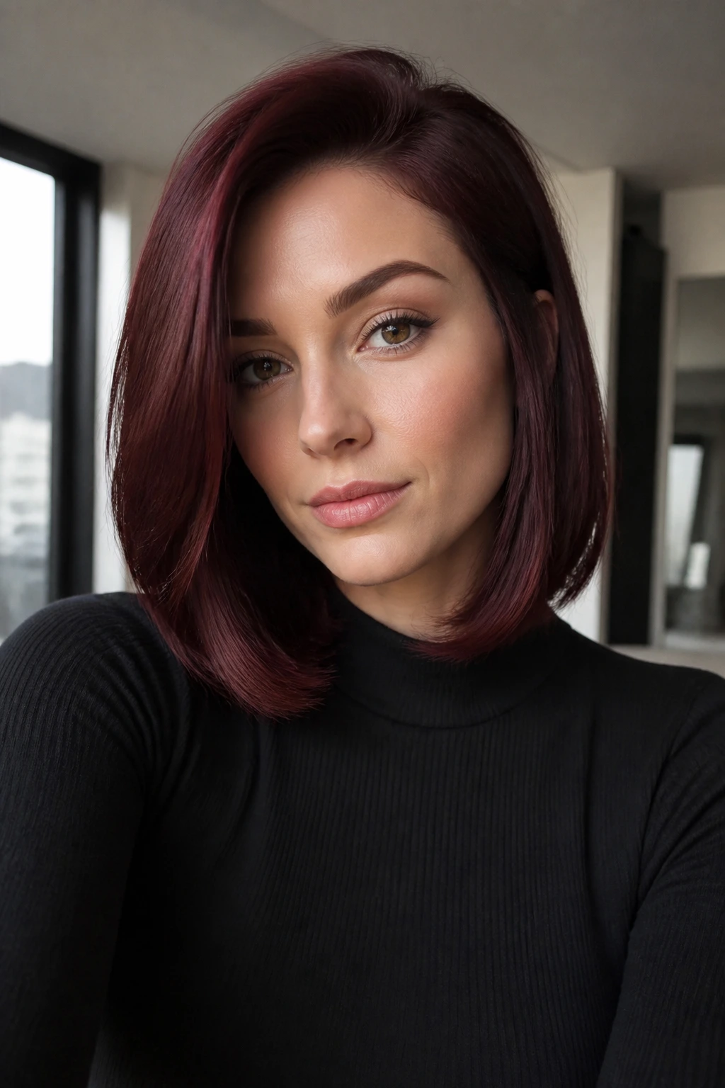 Close-up of merlot red lob on a real person with side-part style