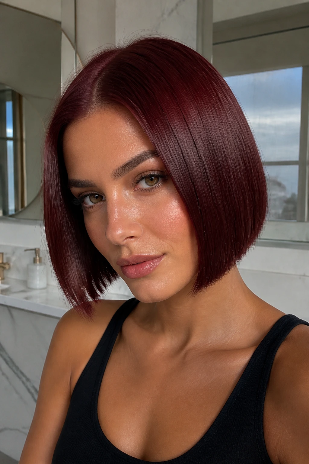 Real person with merlot sleek bob in stylish bathroom lighting