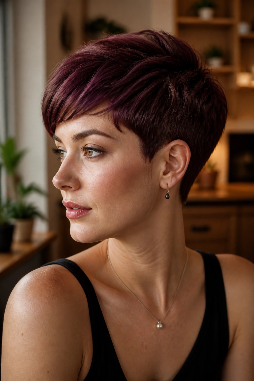 Real woman with merlot tapered crop in a warm modern apartment