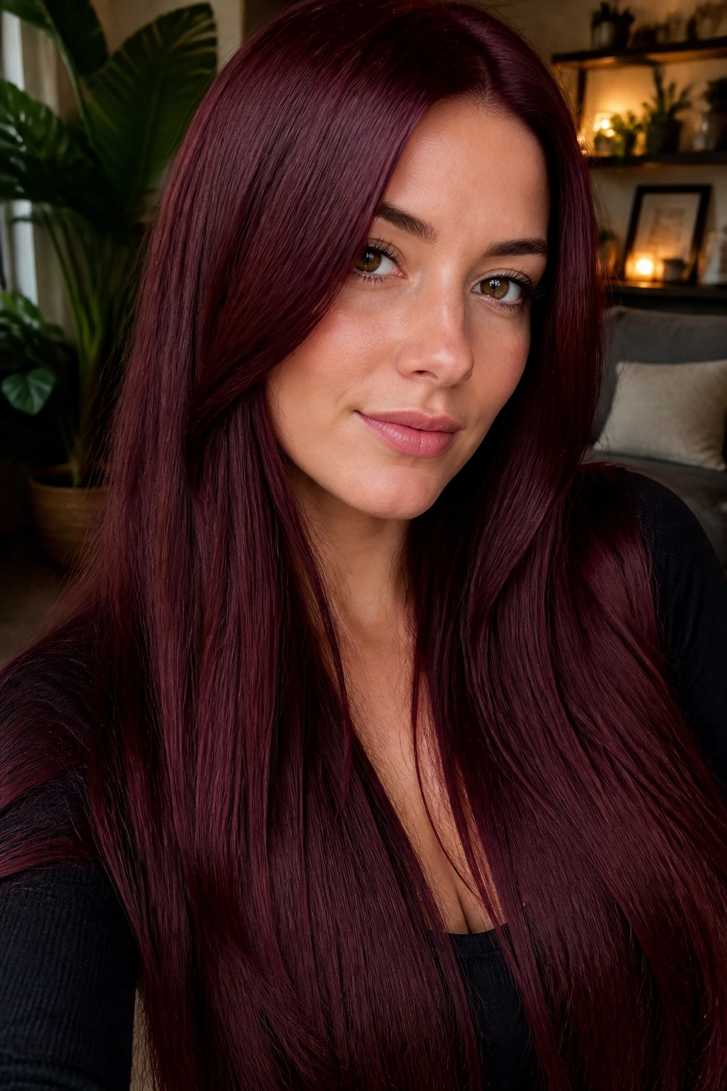 Close-up of a woman with long merlot velvet hair, glossy deep red.