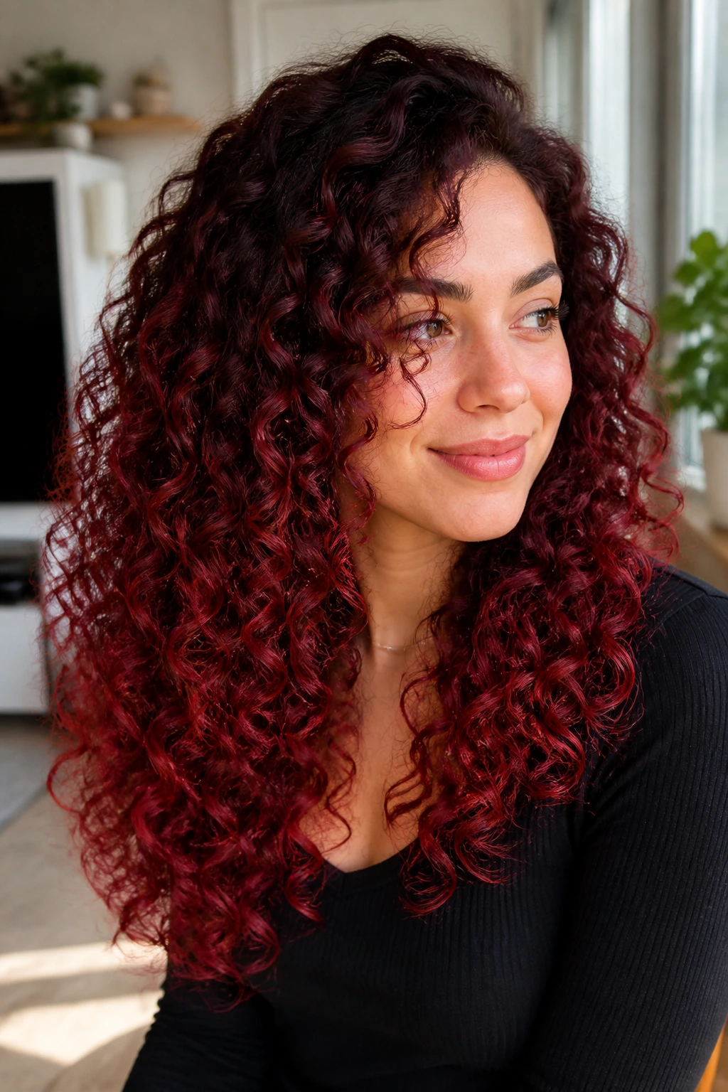 Close-up portrait showing merlot velvet ombré on curly hair in soft indoor light.