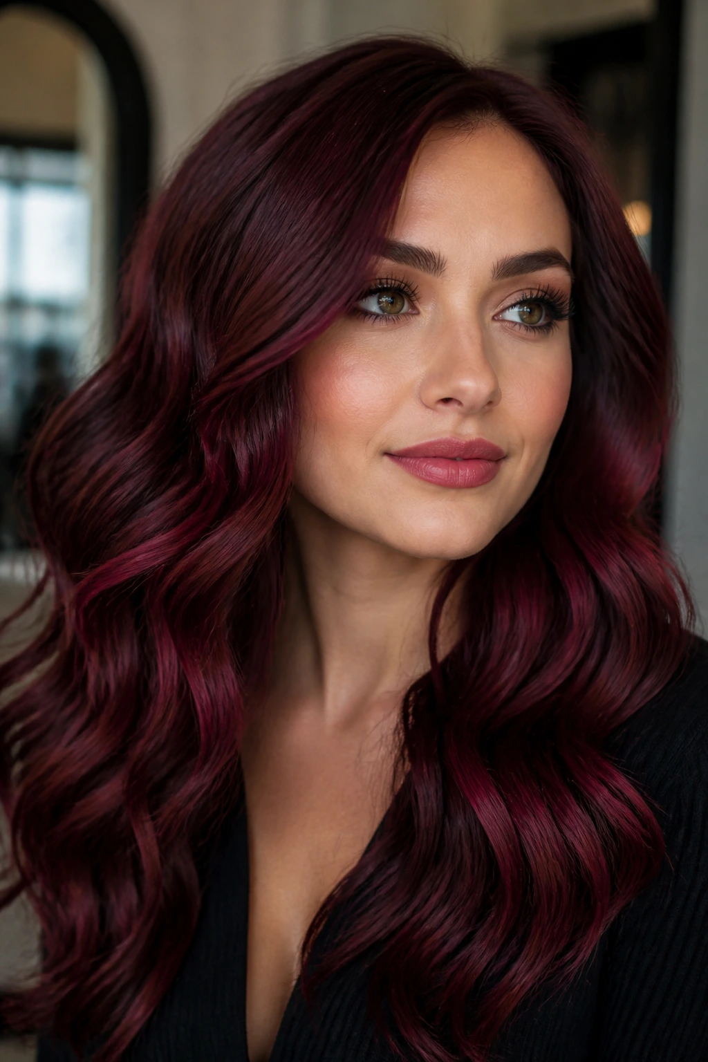 Close-up of a real woman with merlot velvet waves in soft indoor light