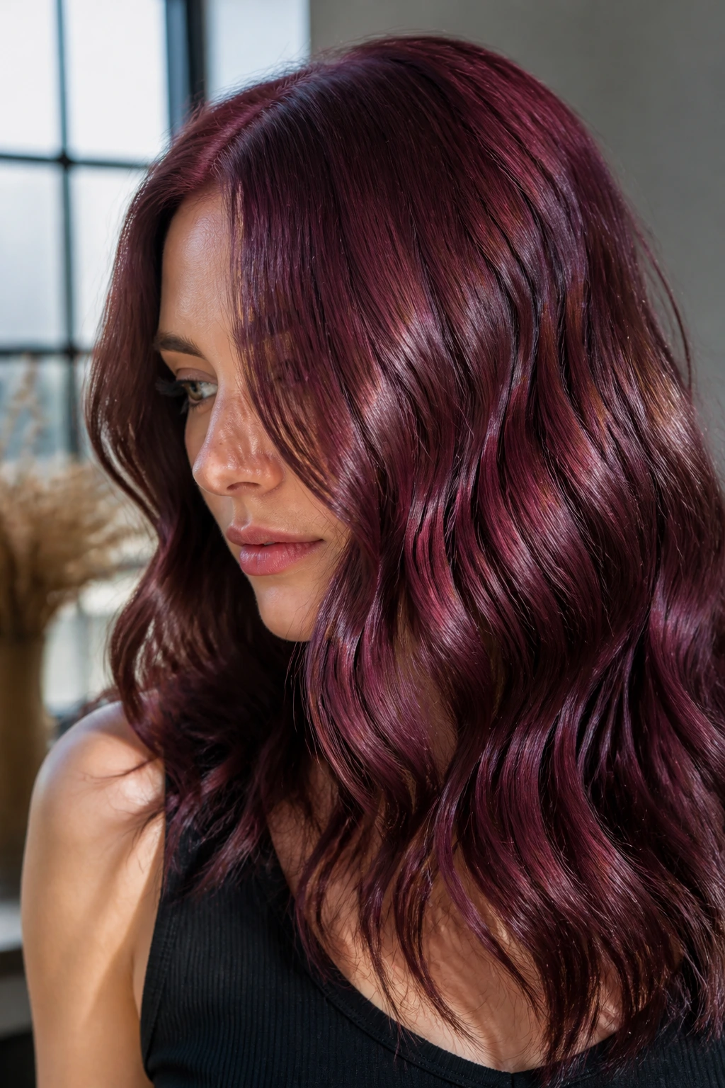 Close-up portrait of a real person with satin merlot waves in soft light