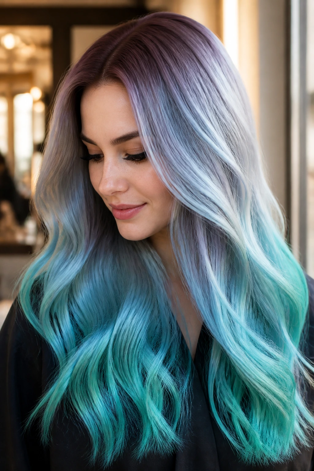 Portrait of a real woman with mermaid base shade and root shadow on long hair
