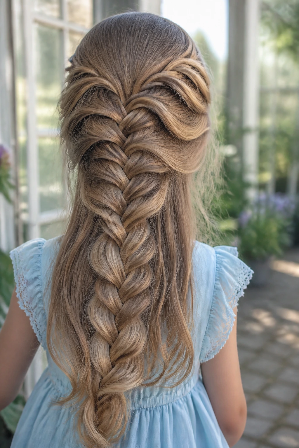 Back view of child with mermaid braid down the back