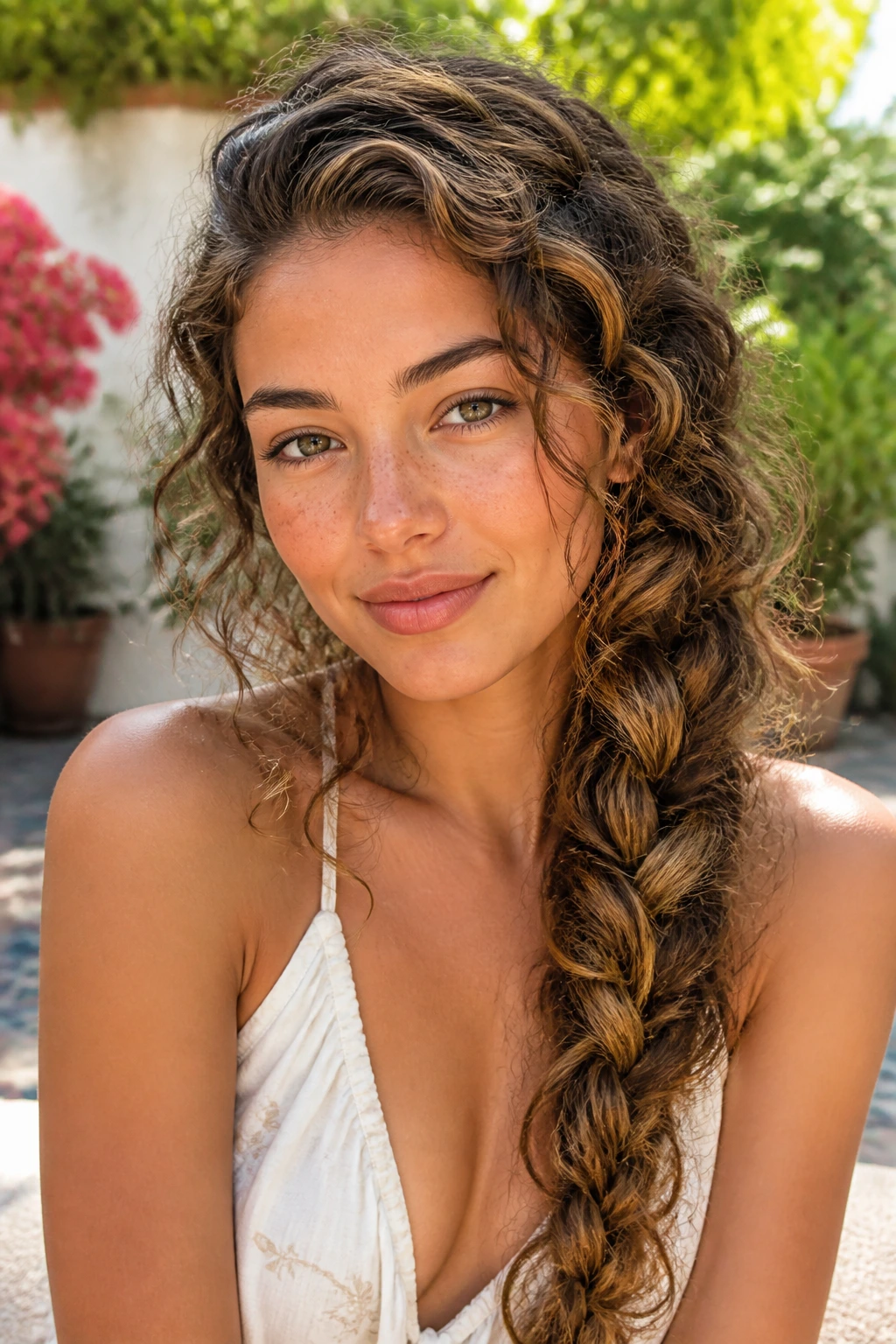 Real person with mermaid-side braid over long curls in a sunlit garden.