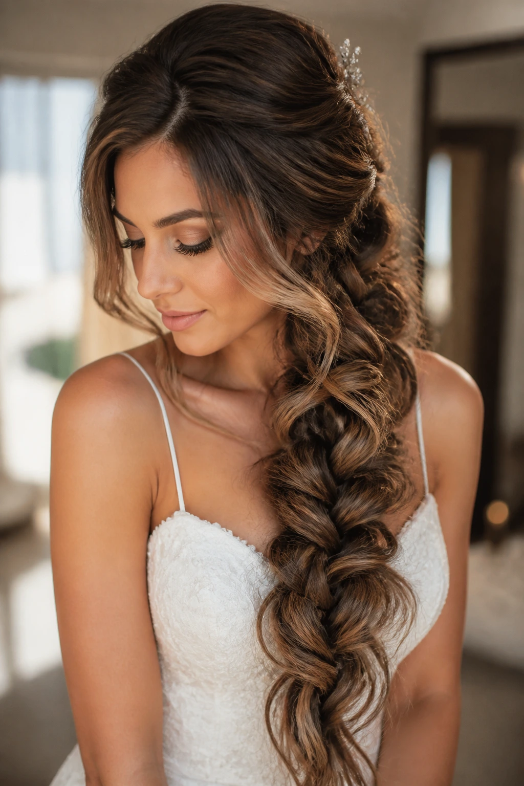 Close-up of a bride's mermaid braid with long extensions cascading over the shoulder