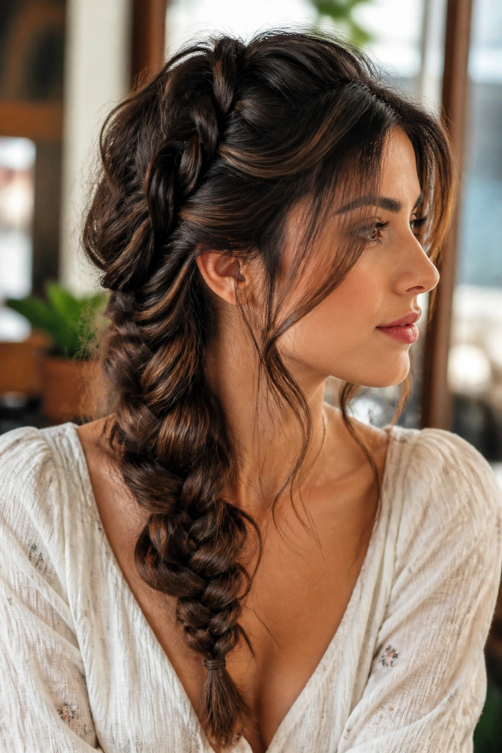 Close-up portrait of a person with a mermaid braid and soft face-framing layers