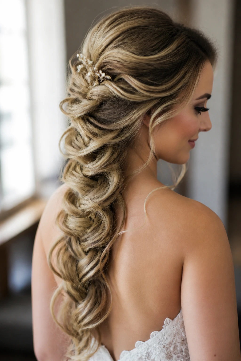 Close-up of a real bride with Mermaid Braid
