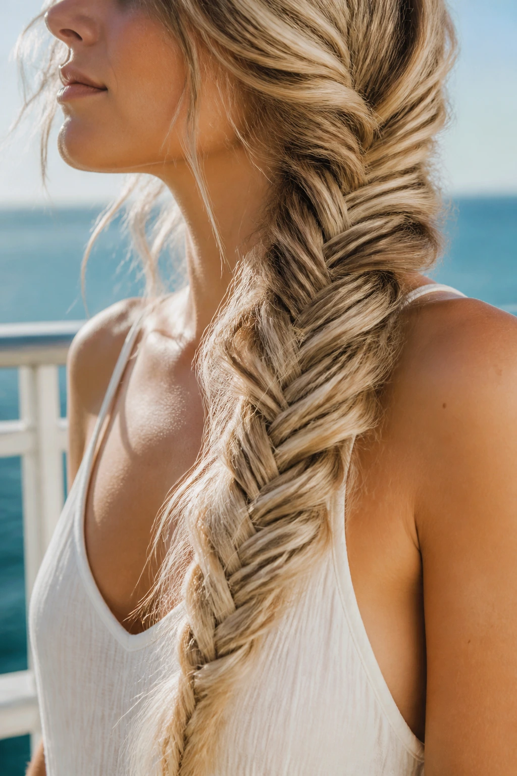 Real woman with a large loose mermaid braid on long straight hair.