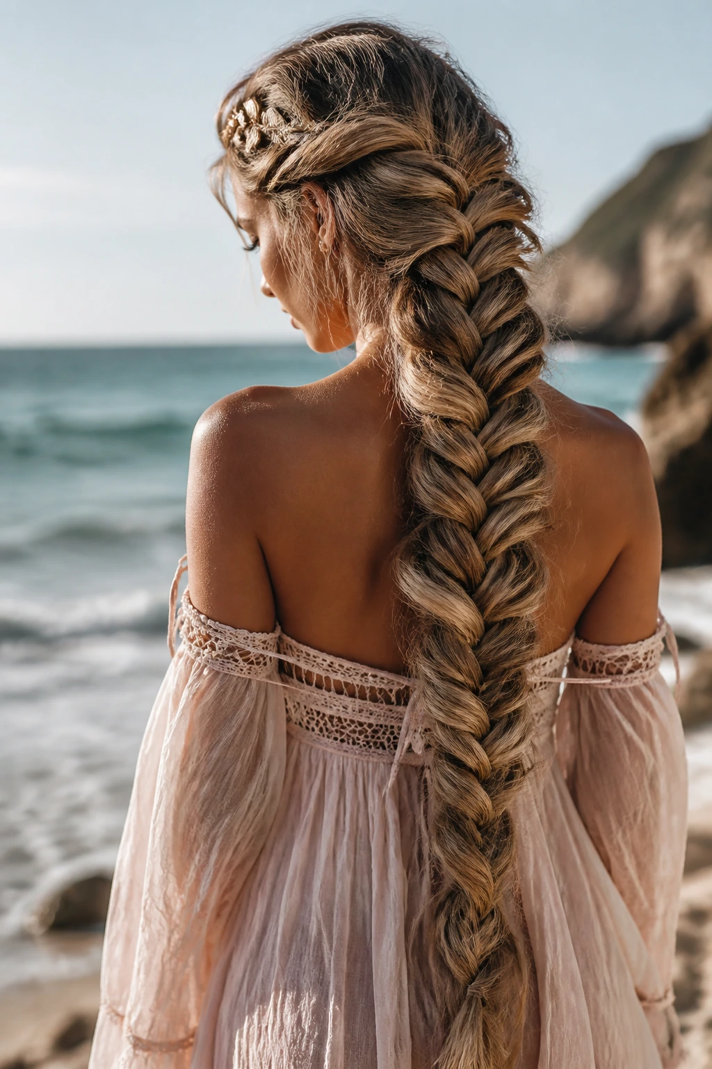 Real woman with oversized mermaid braid on long hair at beach or sunlit area