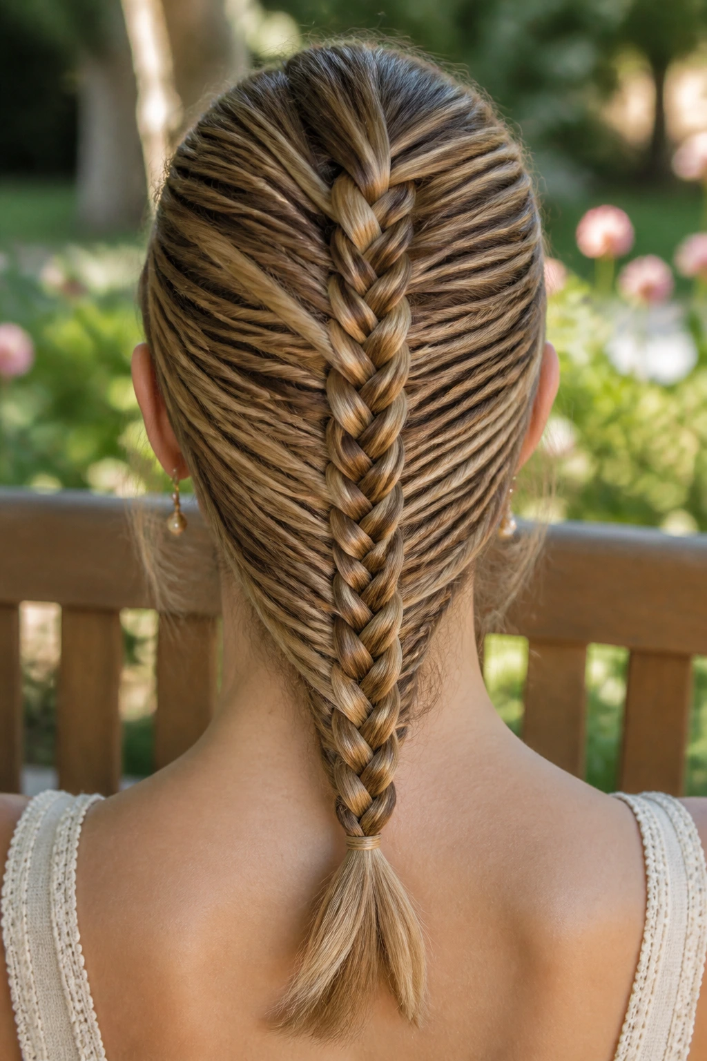 Back view of a woman with a mermaid braid made of narrow sections around a central braid.