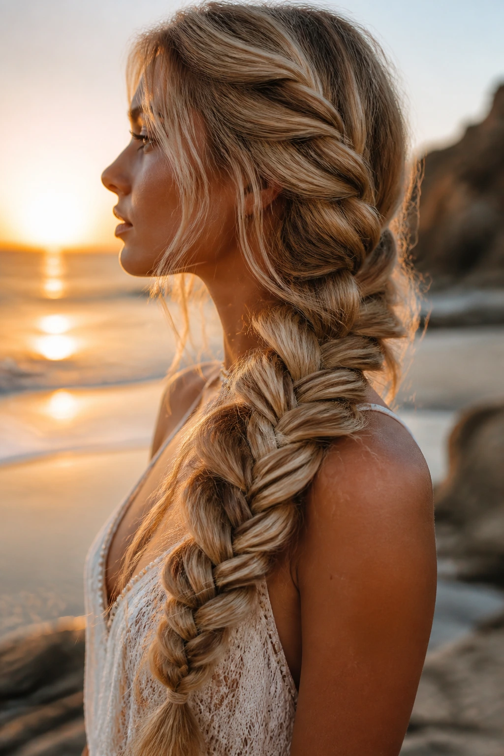 Side profile of a woman with a mermaid braid featuring pancake sections at sunset