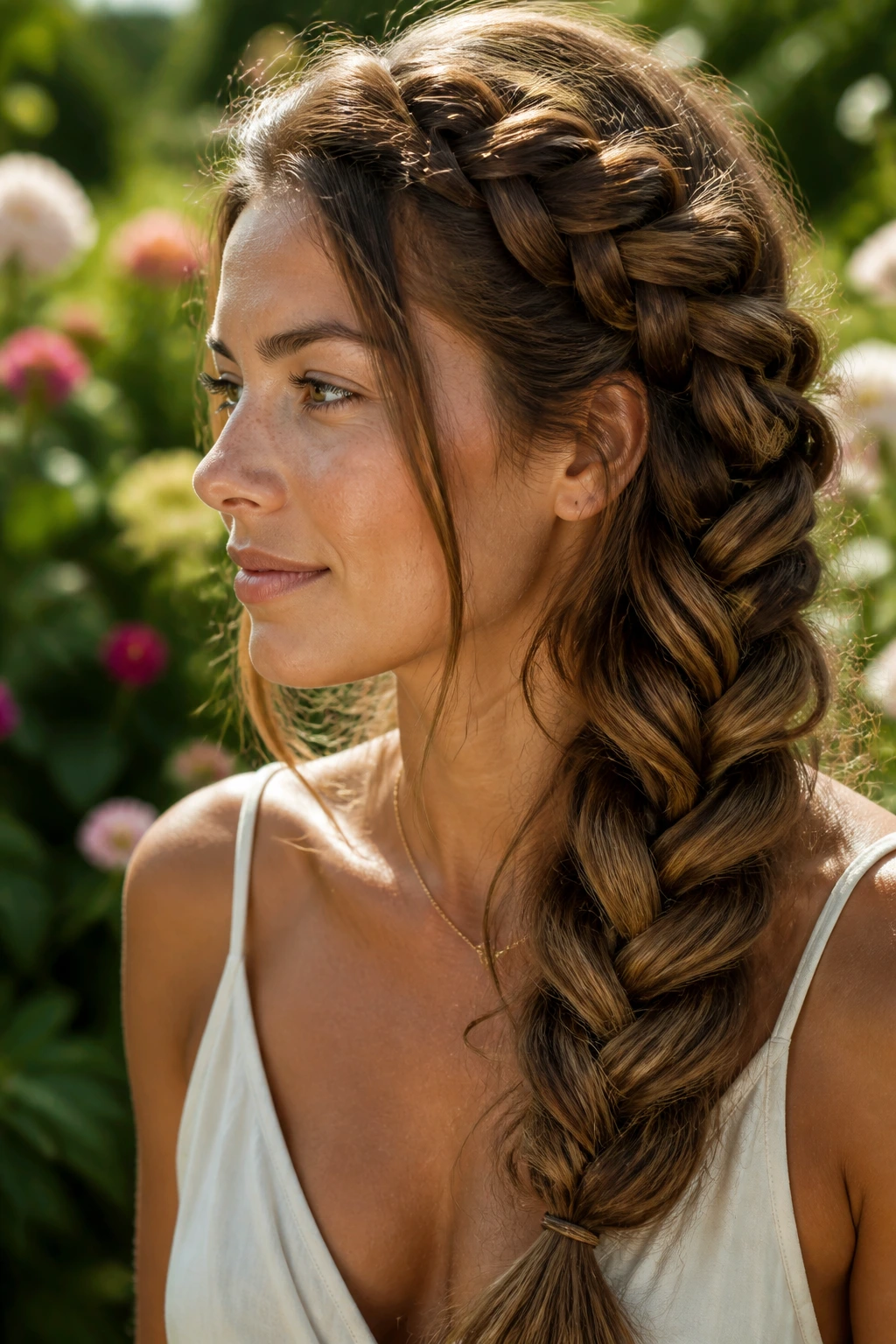 Real woman wearing a wide mermaid braid in a sunlit garden