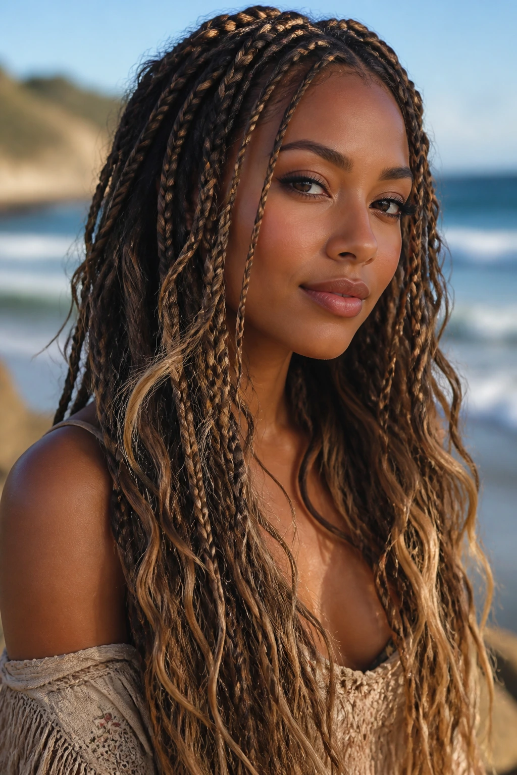 Close-up of mermaid braids with mixed sizes on a real woman