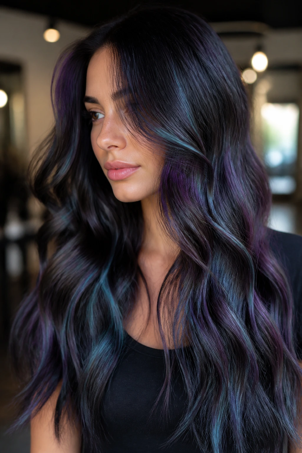 Close-up of a real woman's dark glossy hair with smoky mermaid highlights