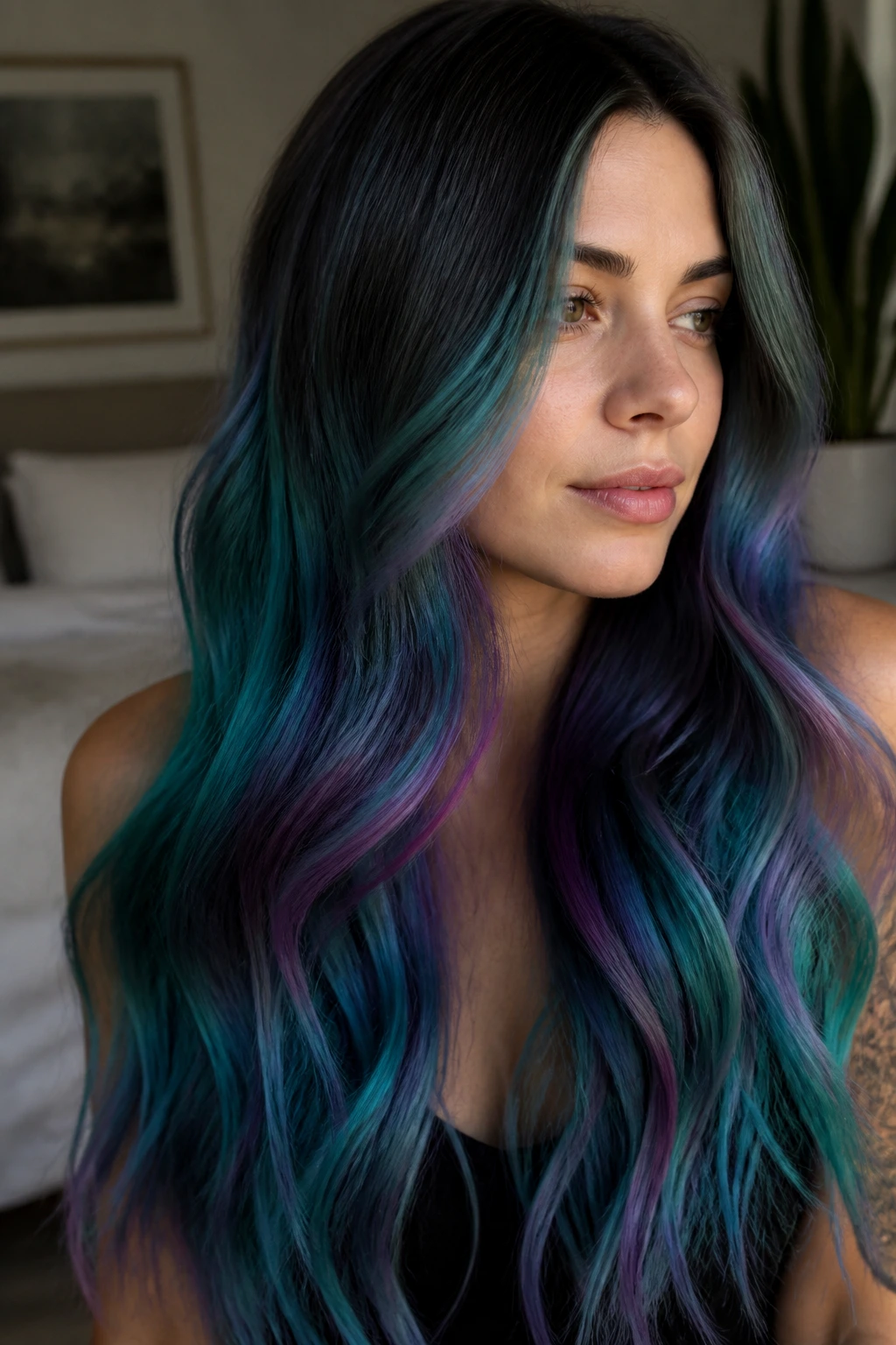 Portrait of a woman with long mermaid color ready for retouch