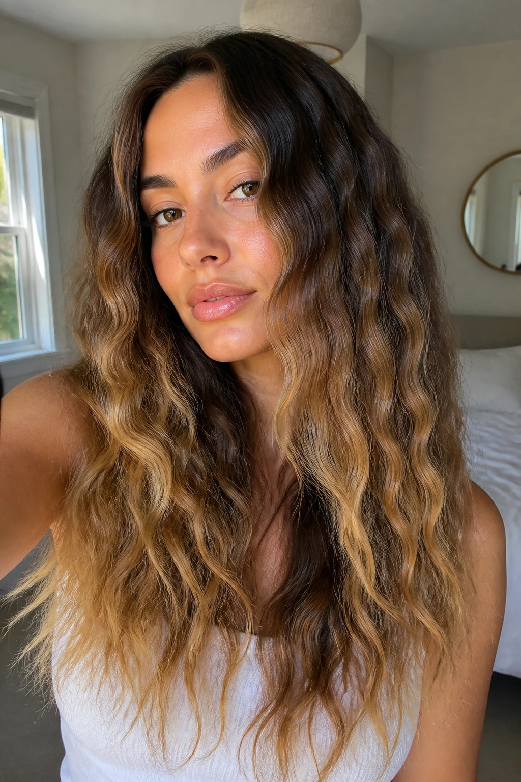 Real woman with long loose mermaid crimp waves and subtle balayage.