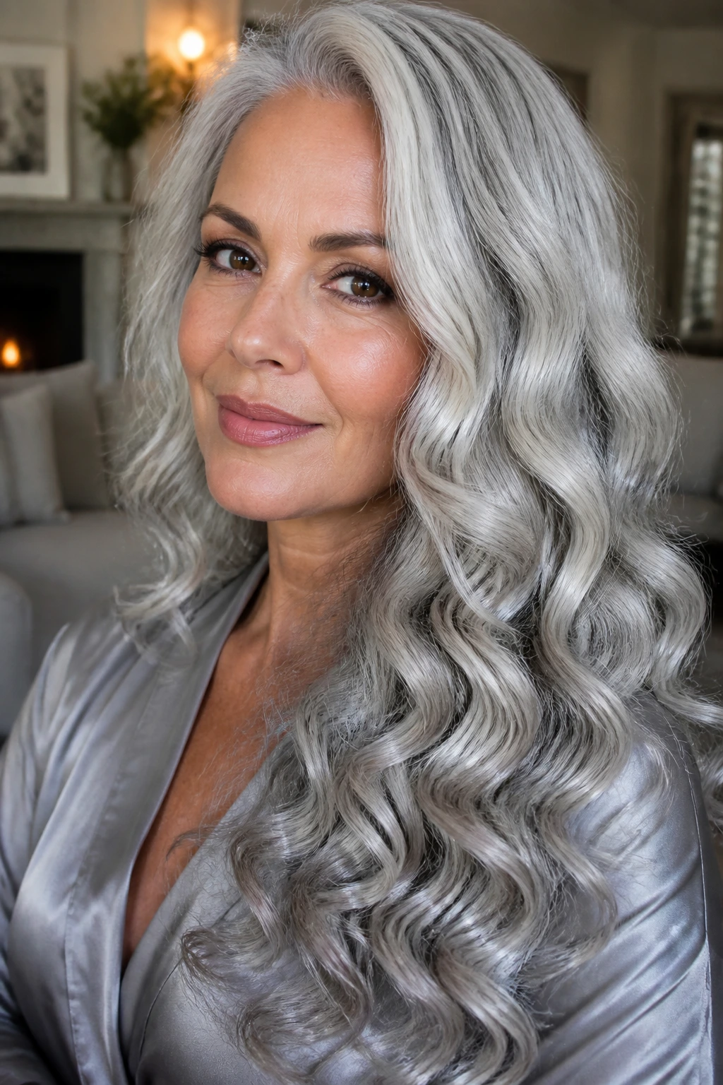 Close-up of a real woman with long silver mermaid curls