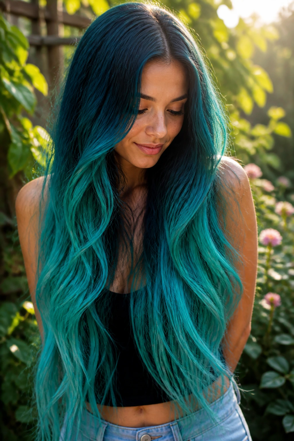 Portrait of waist-length mermaid hair color with teal root melt and sea-glass ends on a real person
