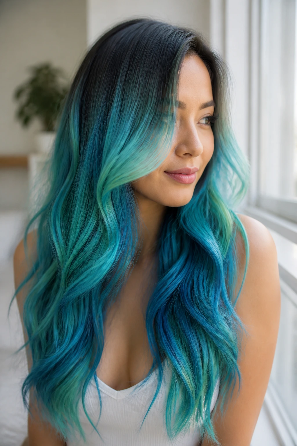 Portrait of a woman with mermaid color in loose waves showing color melt