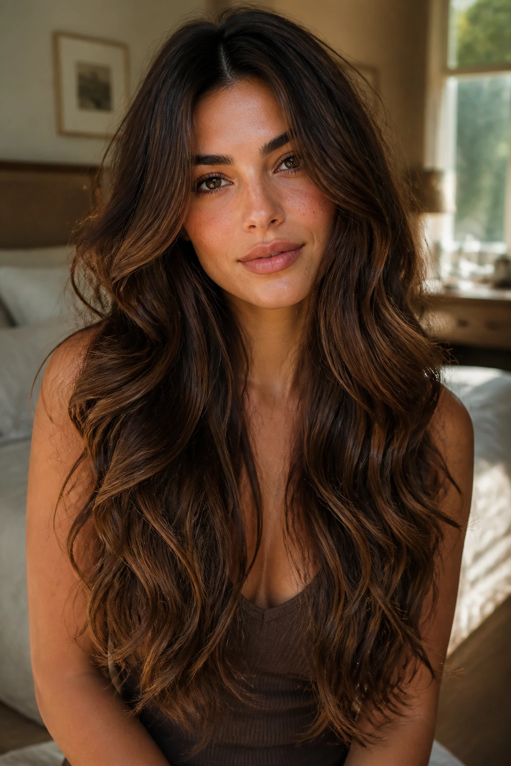Close-up portrait of a real woman with mermaid layers in long thick waves