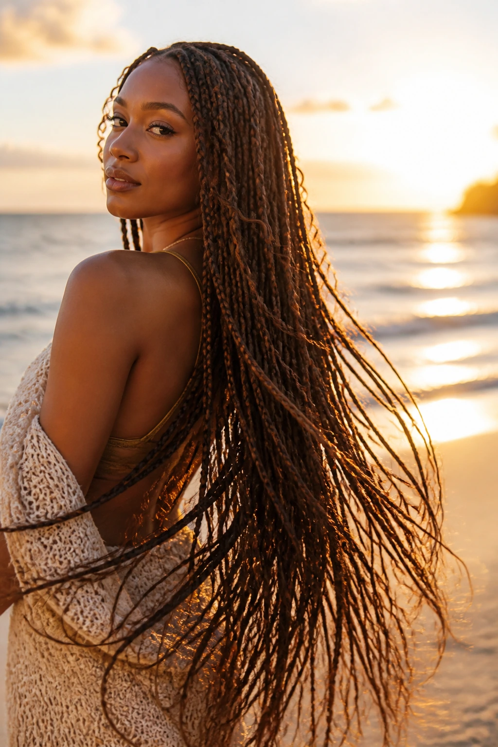Medium close-up of a person with mermaid-length braids moving in a beach breeze at golden hour.