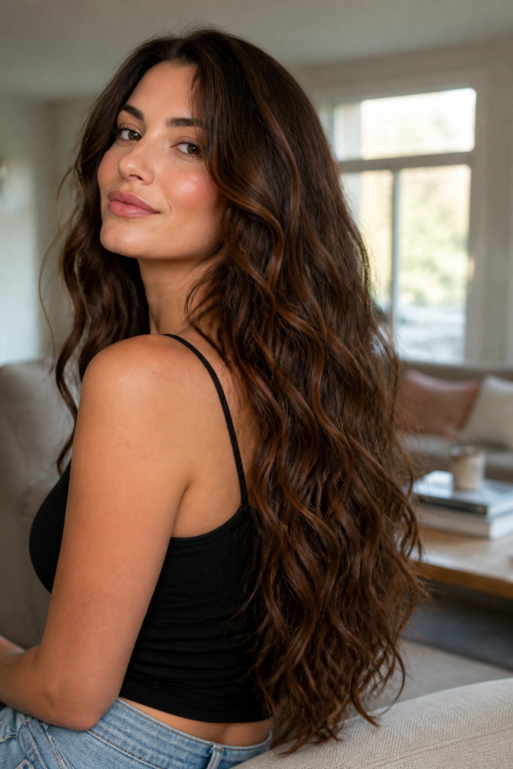 Long thick wavy hair with minimal layers on a real person