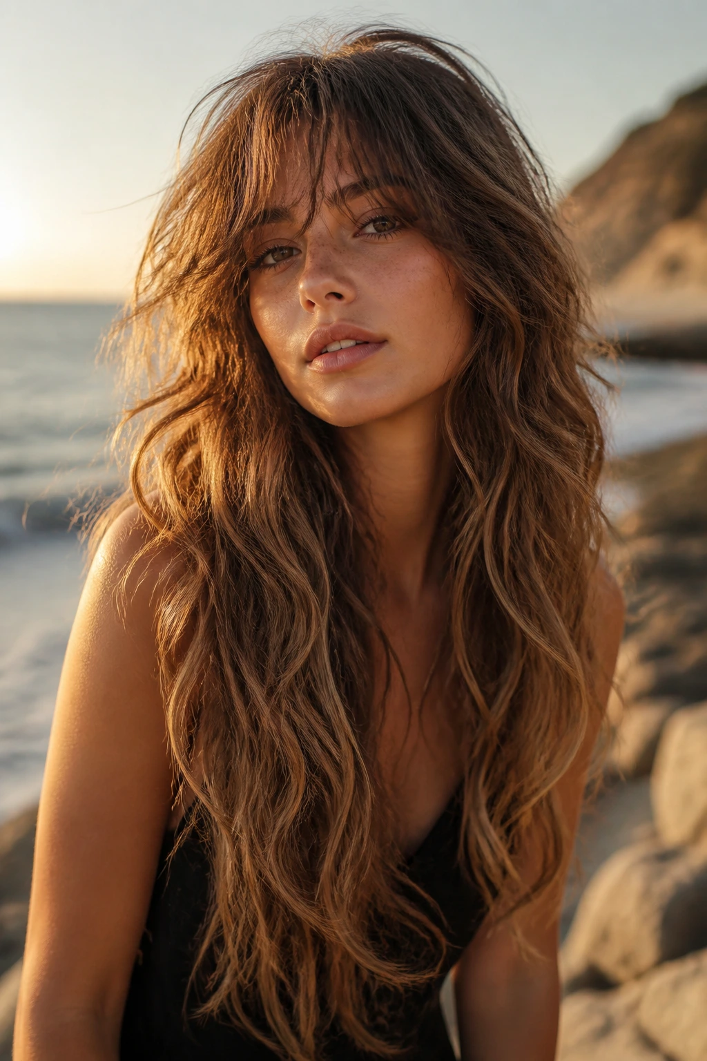 Close-up of a woman with mermaid-length shag and feathered bangs at the beach.