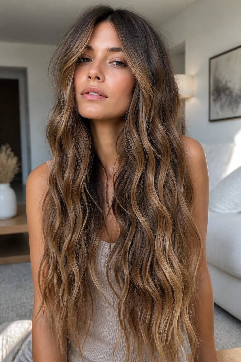 Close-up of a real person with mermaid-length loose waves cascading down