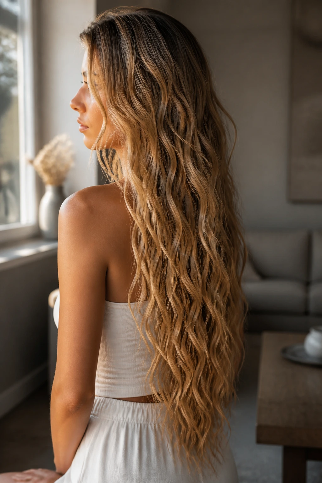 Side-profile of real woman with long mermaid-length waves