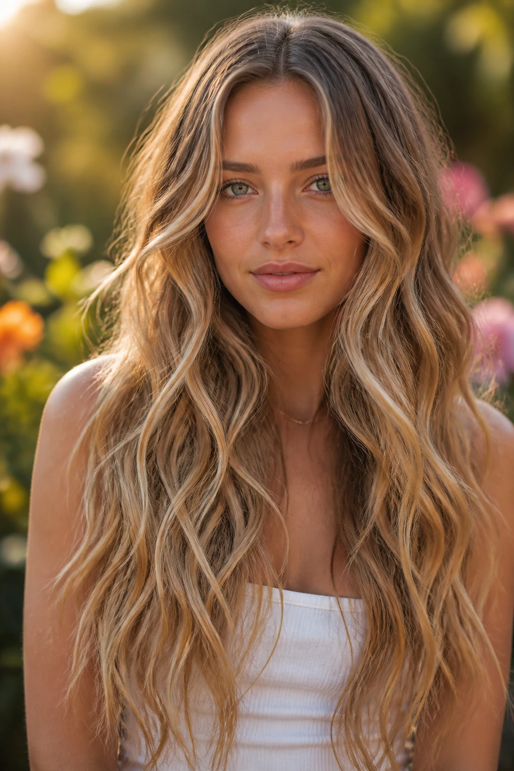 Close-up of a real woman with long mermaid-length waves in a sunlit outdoor setting.