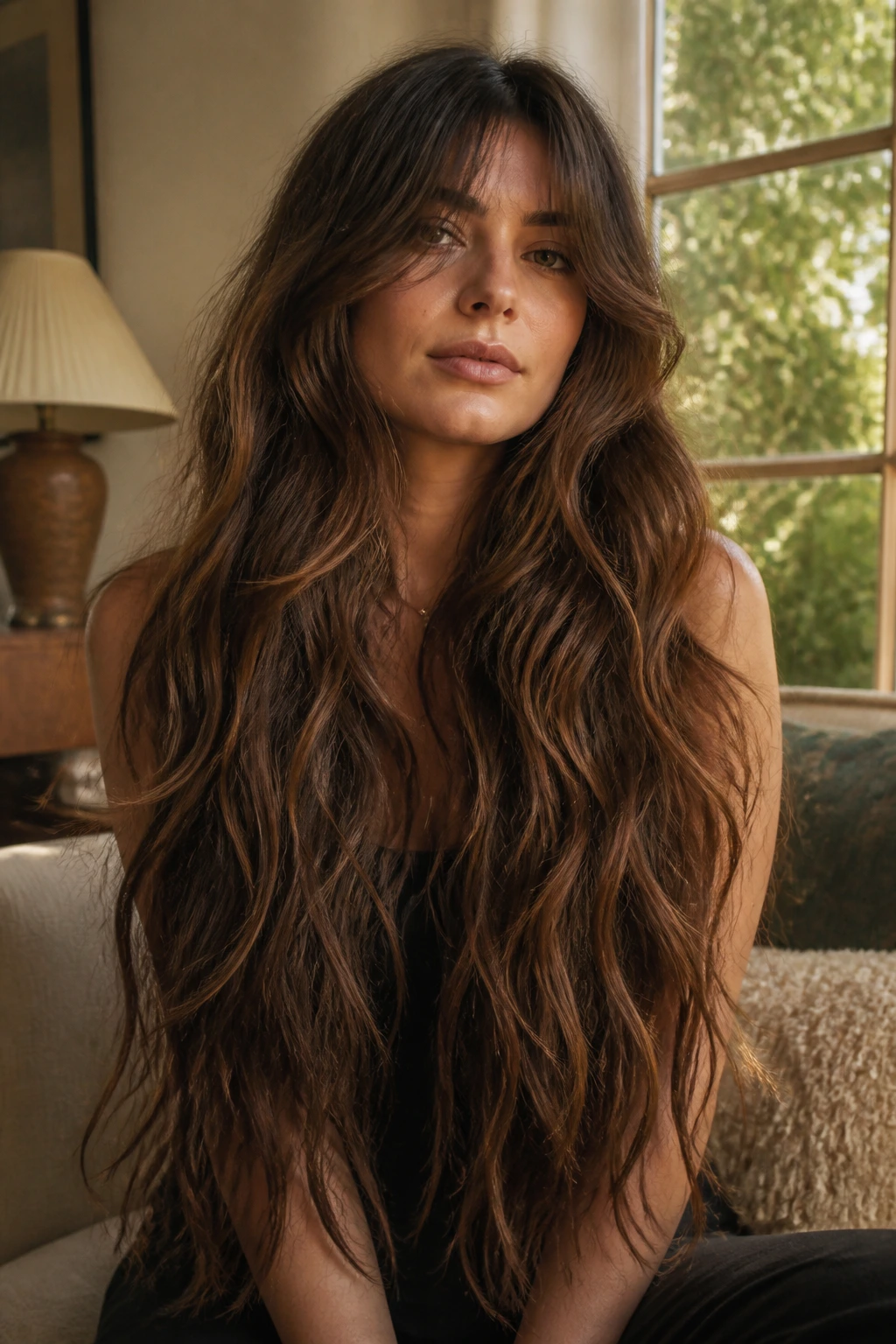 Close-up portrait of a real woman with mermaid-length wolf waves filling the frame