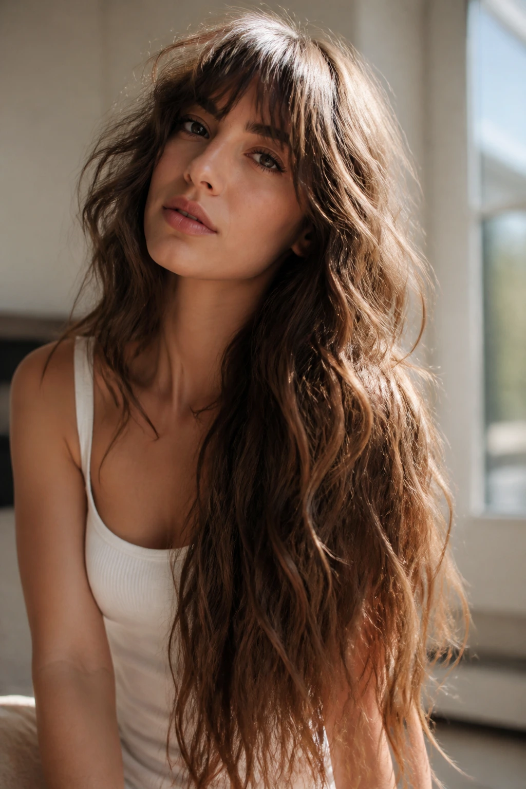 Close-up of a real woman with mermaid-long shag and hidden layers over one shoulder