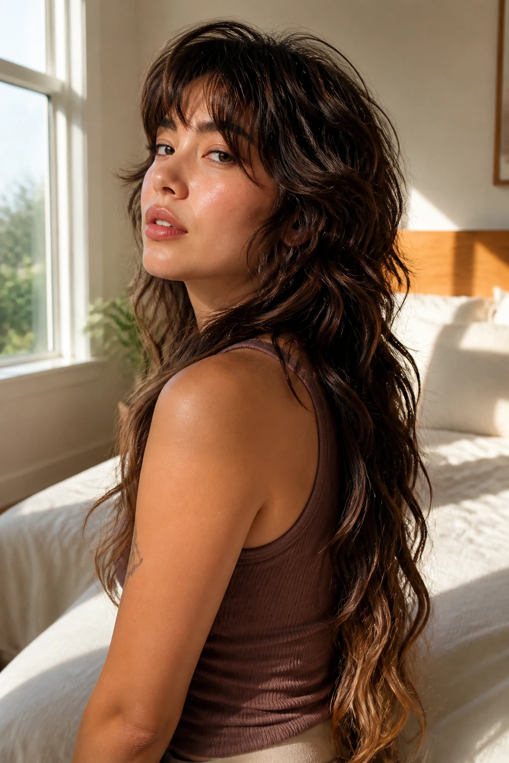 Close-up portrait of a woman with a long mermaid mullet featuring a shorter crown and long cascading back, soft waves in natural window light.