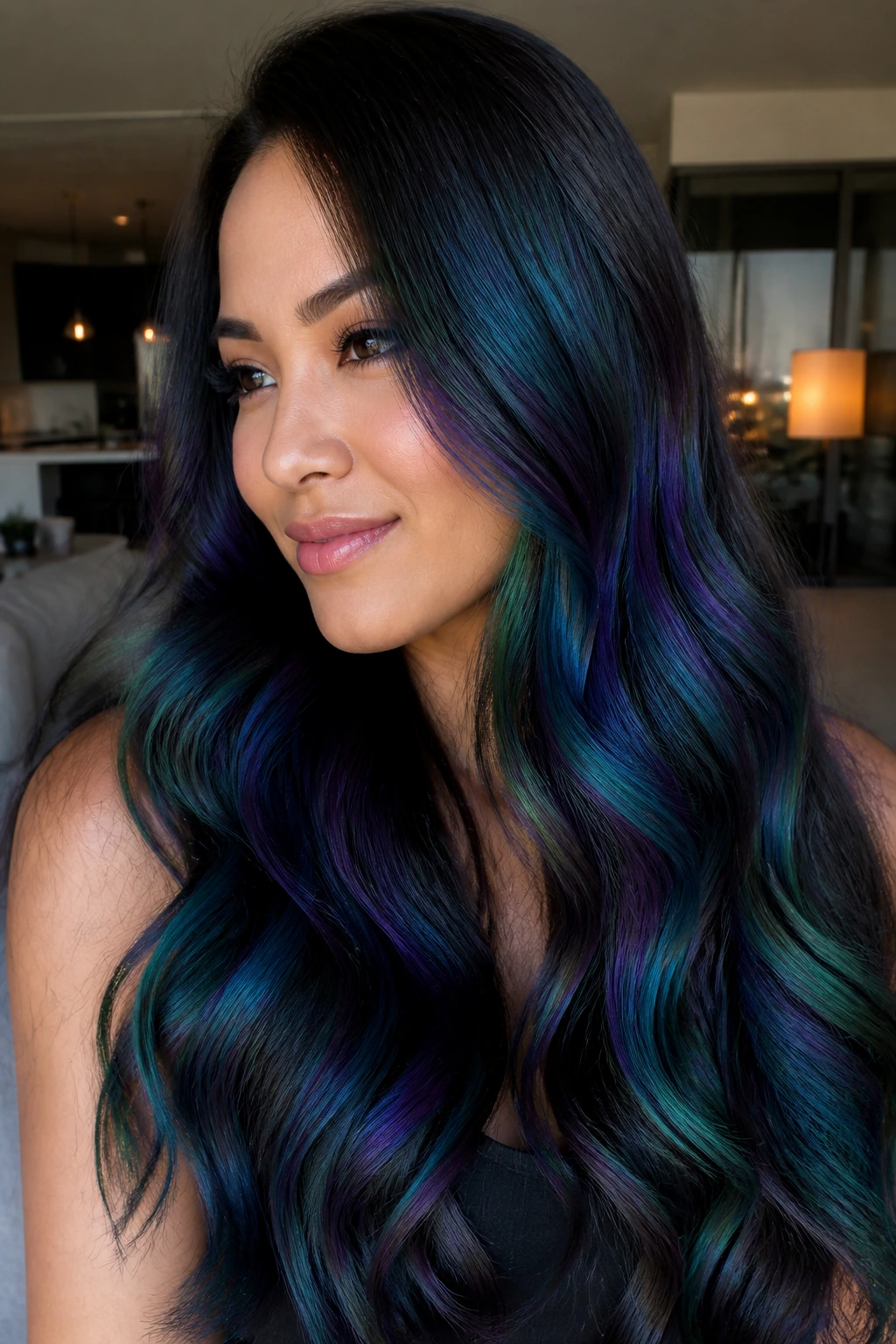 Close-up of dark brunette mermaid hair with blue, green, and plum oil slick tones.