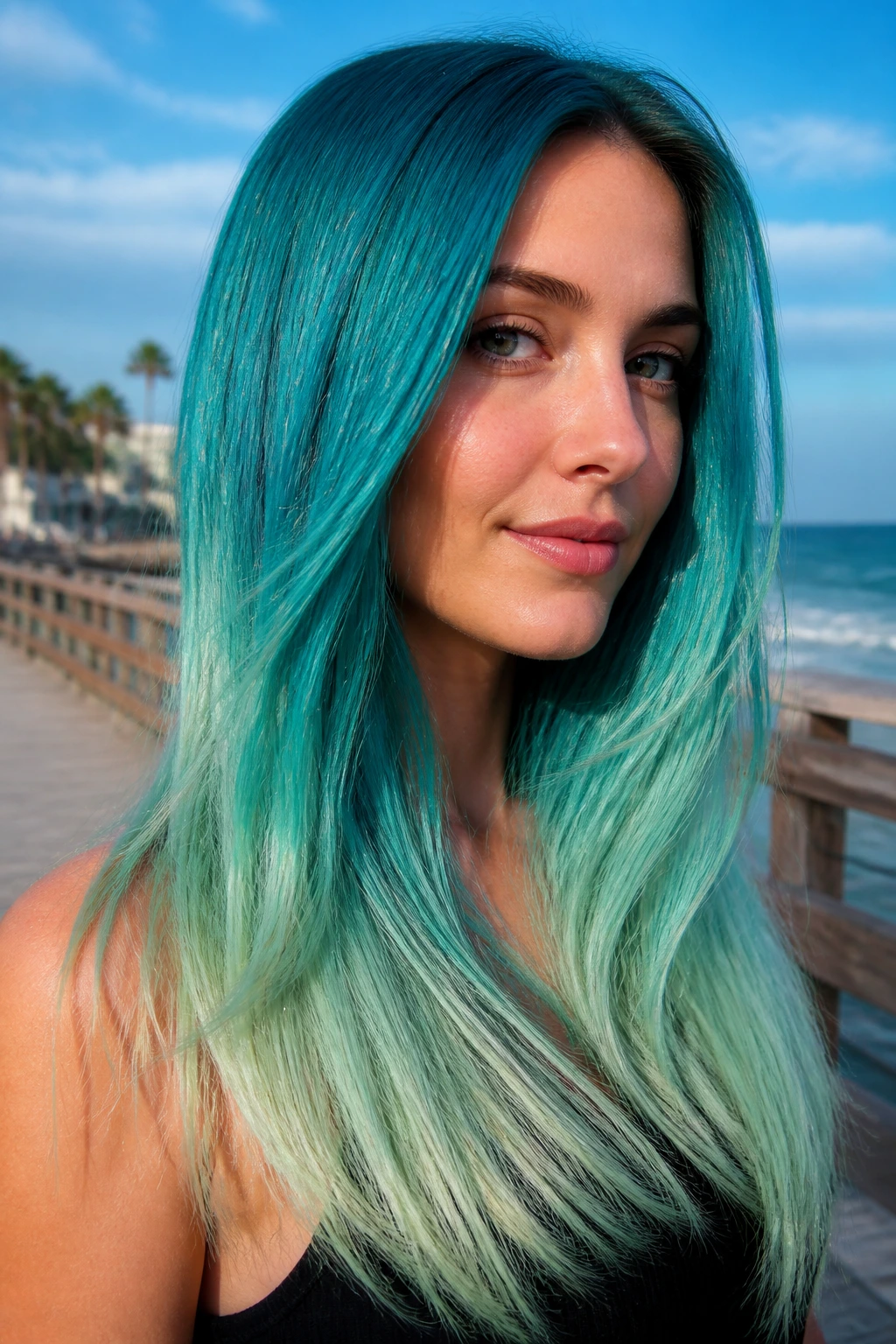 Teal to seafoam mermaid ombre hair on a real person outdoors
