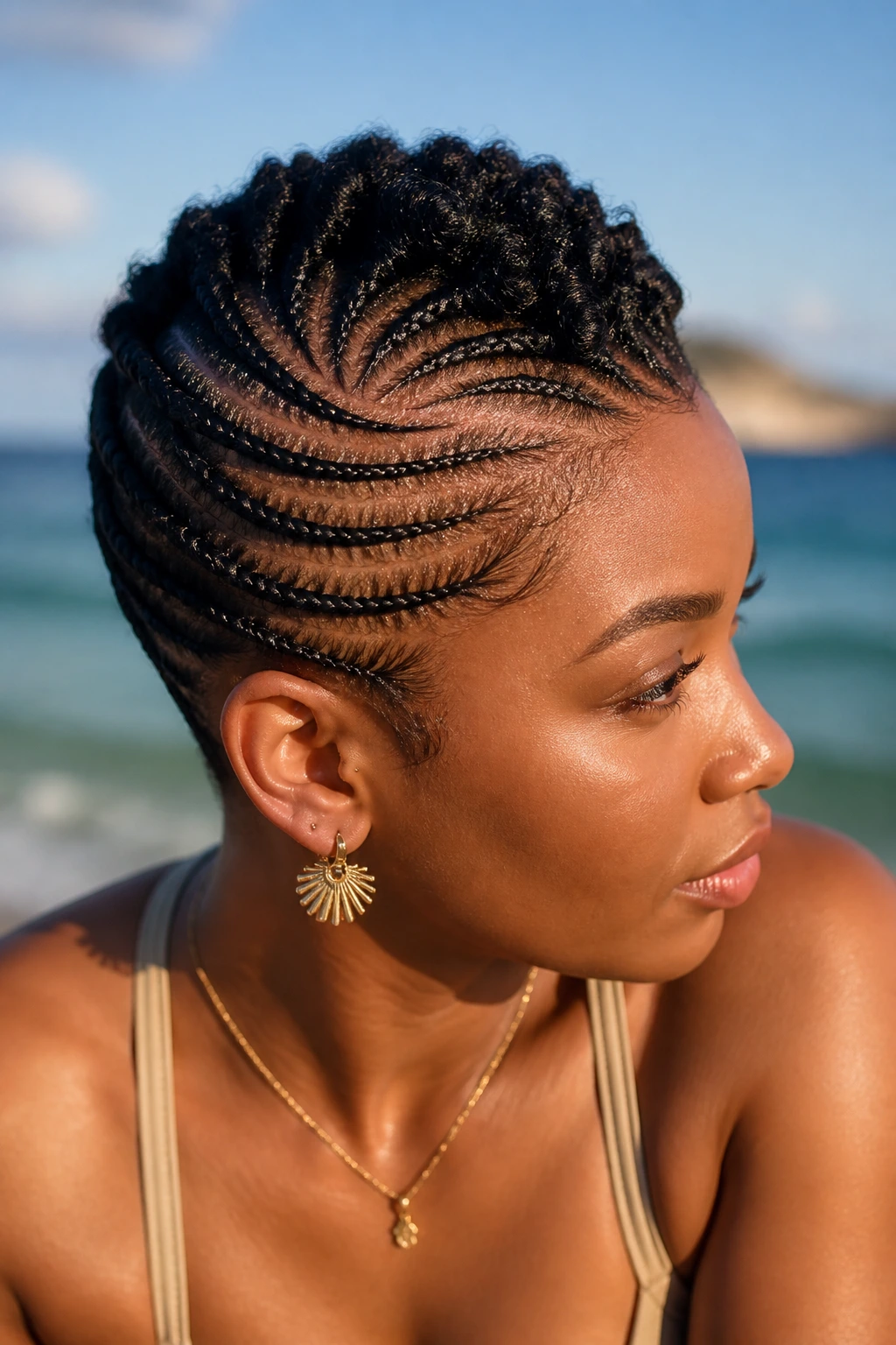 Close-up of a short natural mohawk displaying mermaid-pattern ripple braids