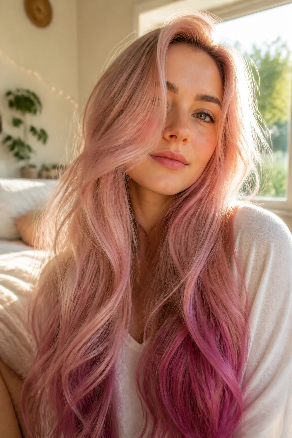 Close-up of a real woman with long mermaid pink hair fading to rose and violet at the ends