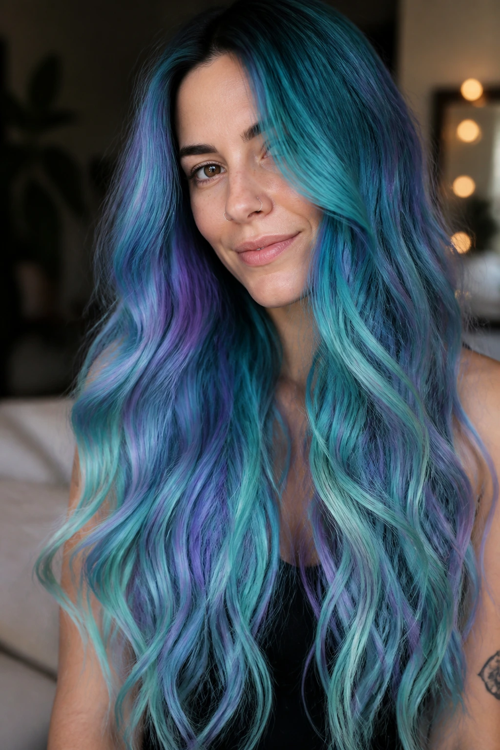 Close-up of a real woman with long mermaid shades blending teal, aqua, violet and seafoam across hair