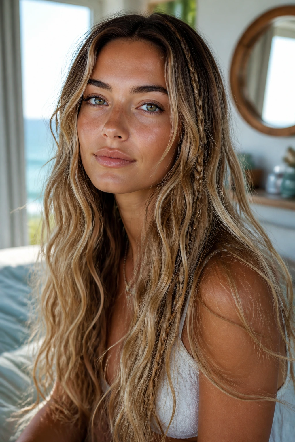 Close-up of a real woman with mermaid waves and two tiny accent braids in the mid-lengths.