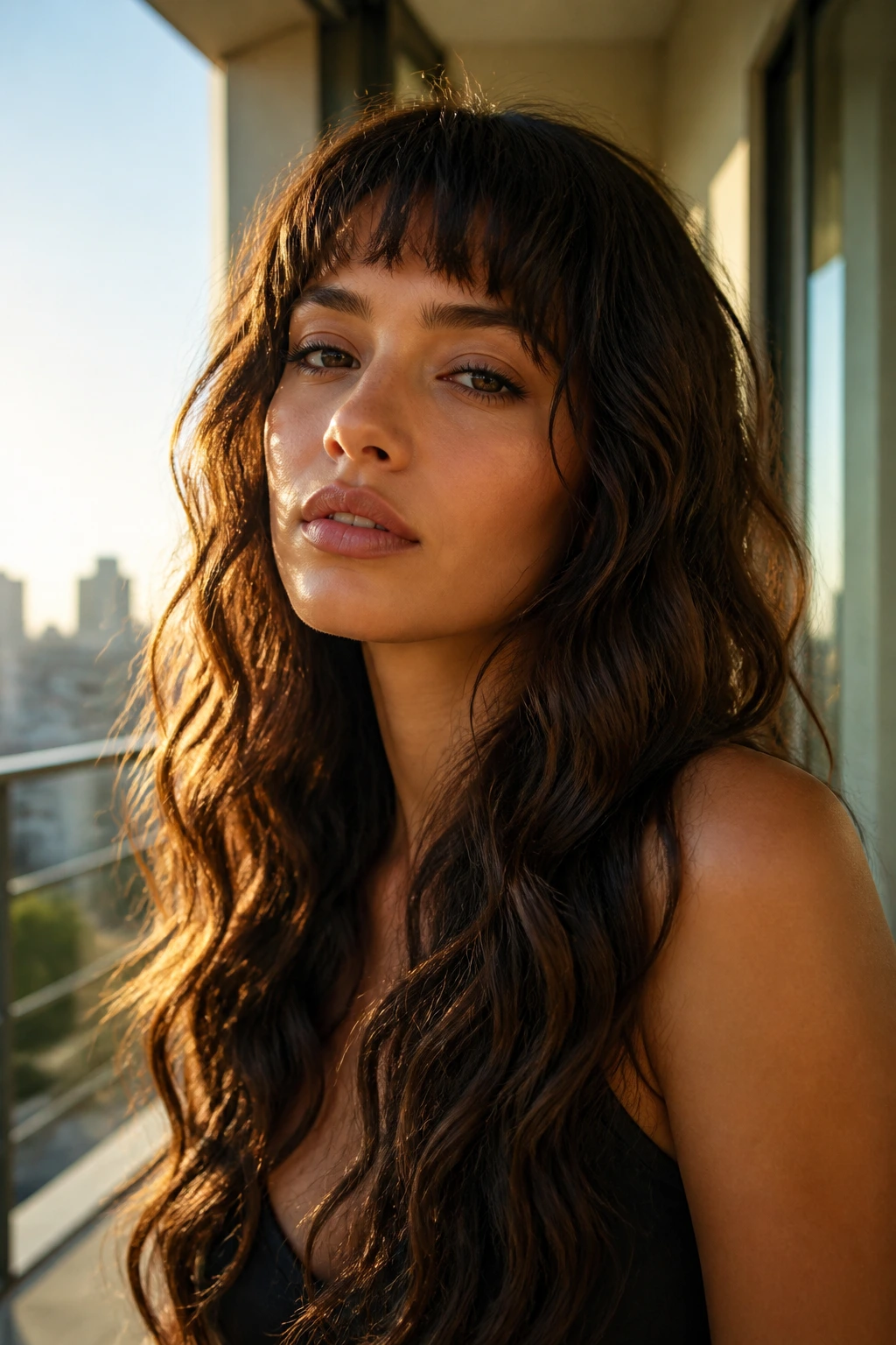 Woman with mermaid waves and choppy bangs in golden hour light
