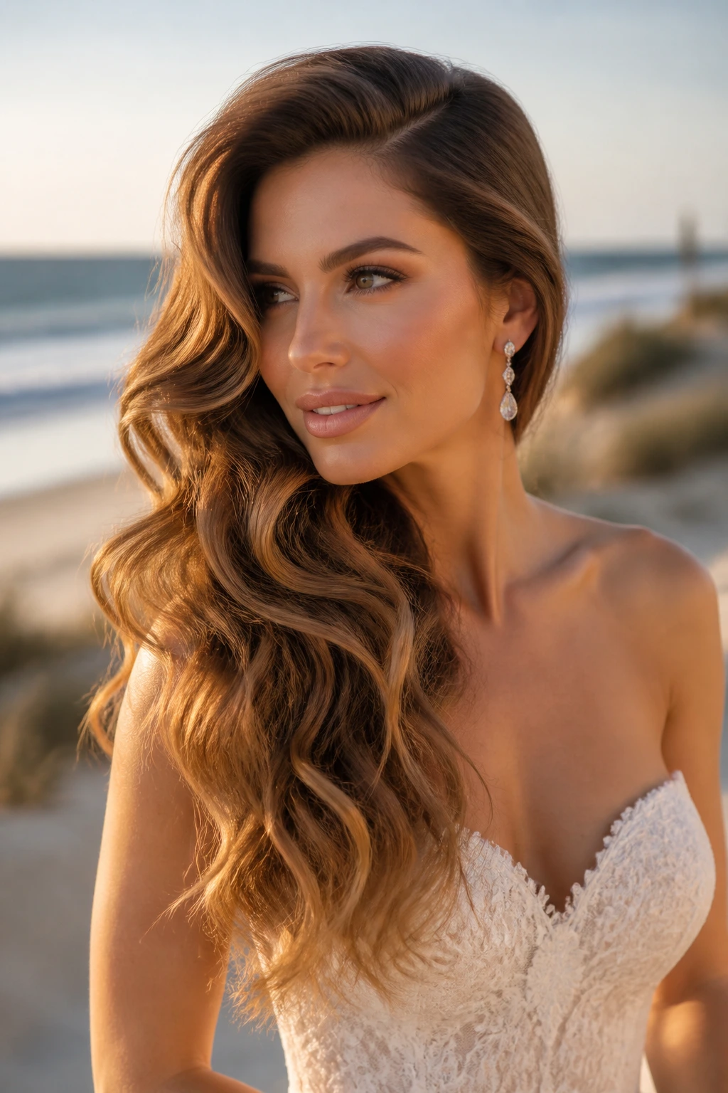 Close-up bride with mermaid-length waves and deep side part on a beach at golden hour