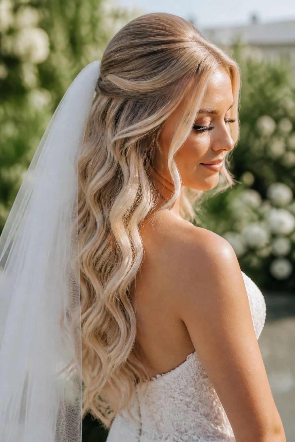 Bride with long mermaid waves and veil anchored beneath the crown.